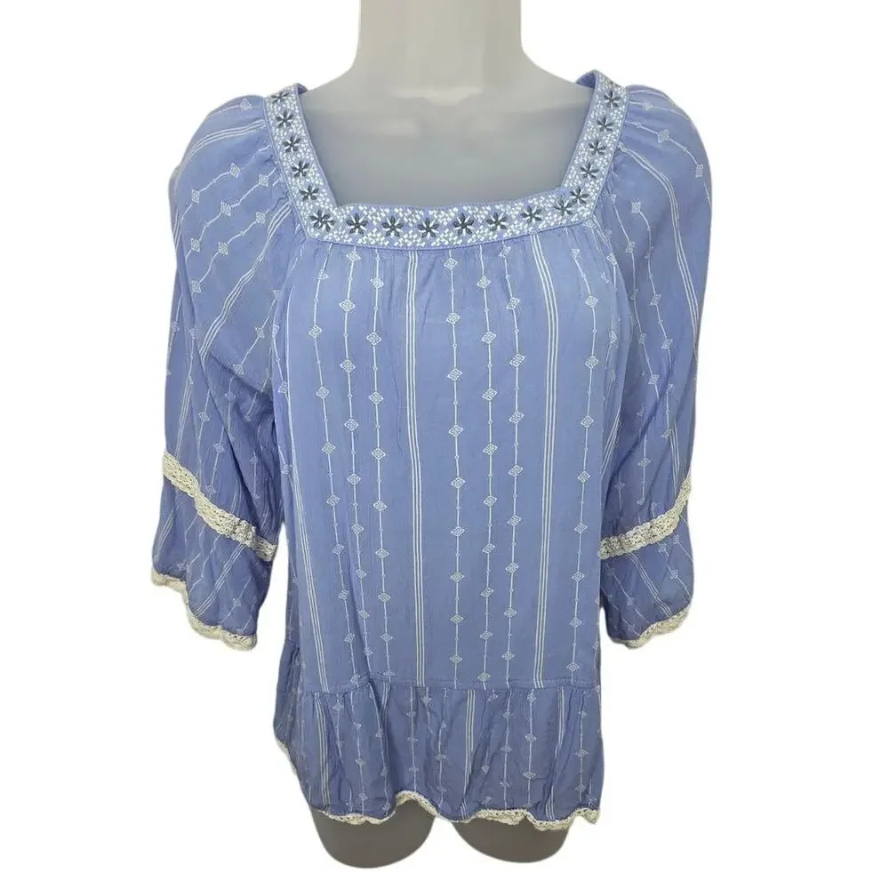 435 Matilda Jane Blue 3/4 Sleeve Boho Embroidery Striped Casual Cottage Core Top